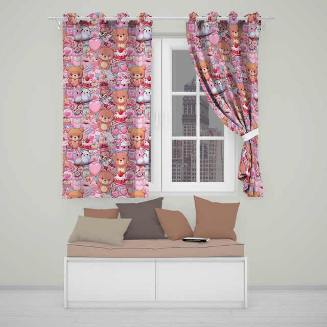 Cute Teddy Bear Cupcake Candy Hearts Romantic Collage Seamless Pattern  Readymade Eyelet Ring Top Thermal 100% Blackout Curtains