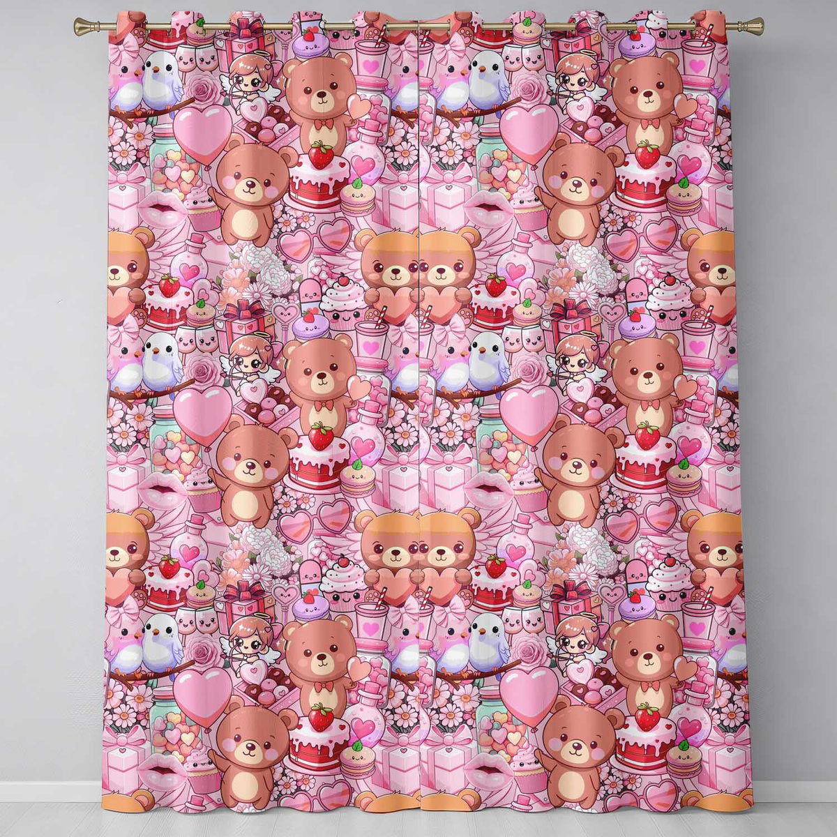 Cute Teddy Bear Cupid Cakes Hearts Flowers Valentine Kawaii   Pink Background  Readymade Eyelet Ring Top Thermal 100% Blackout Curtains