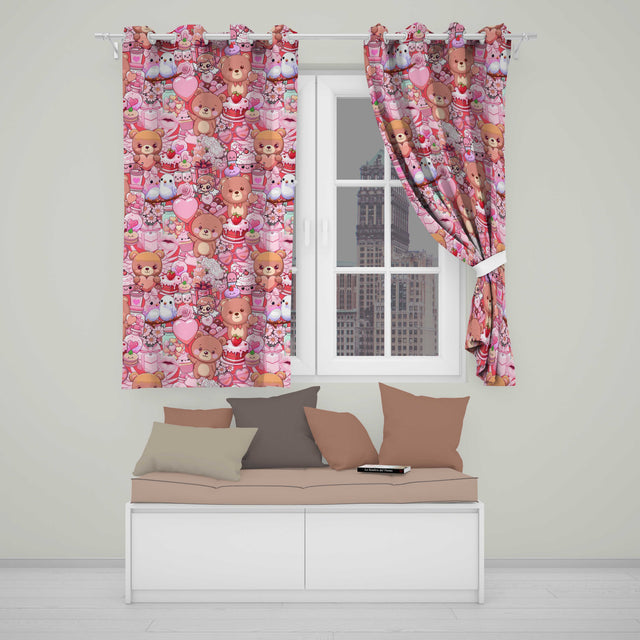 Cute Teddy Bear Cupid Cakes Hearts Flowers Valentine Kawaii   Red Background  Readymade Eyelet Ring Top Thermal 100% Blackout Curtains