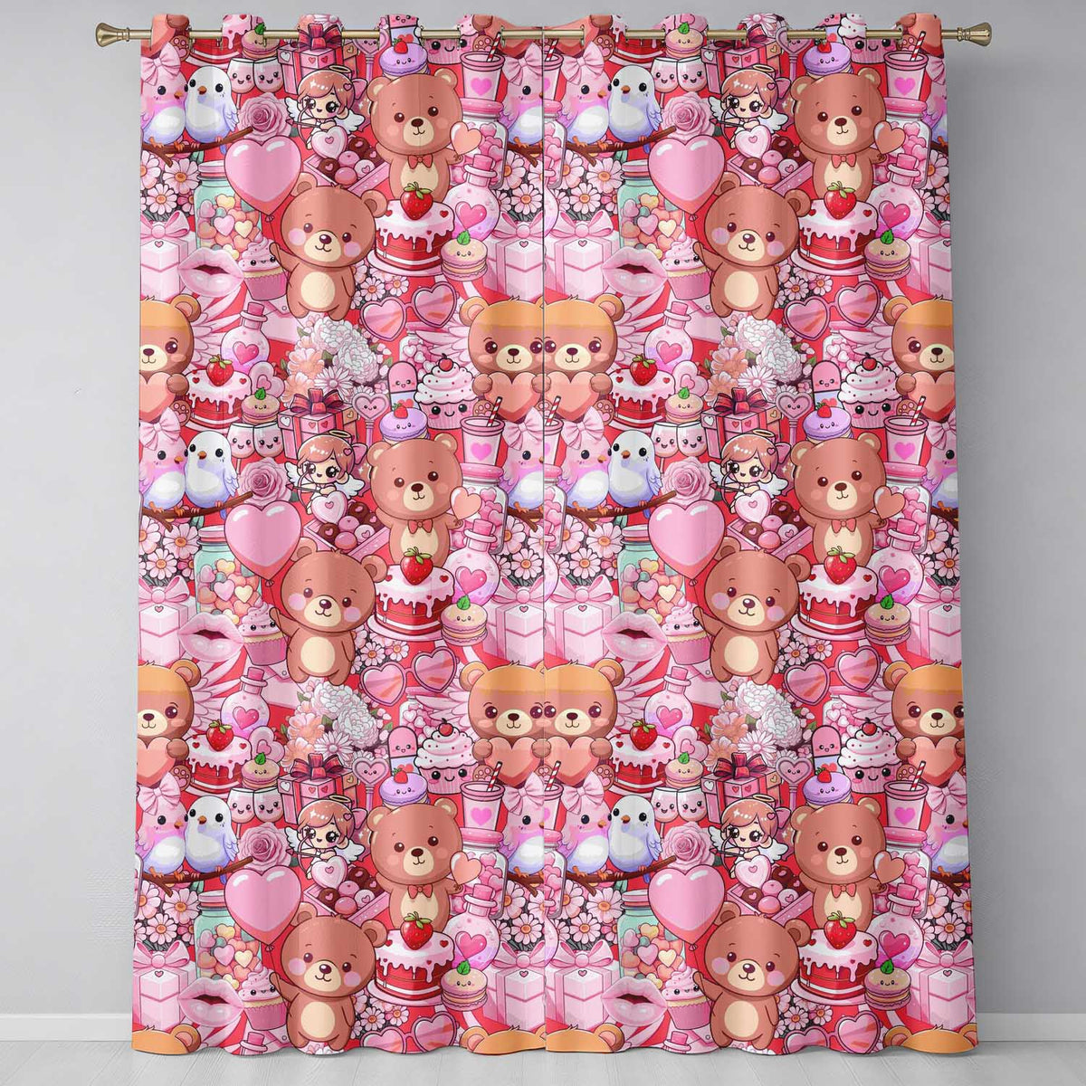 Cute Teddy Bear Cupid Cakes Hearts Flowers Valentine Kawaii   Red Background  Readymade Eyelet Ring Top Thermal 100% Blackout Curtains