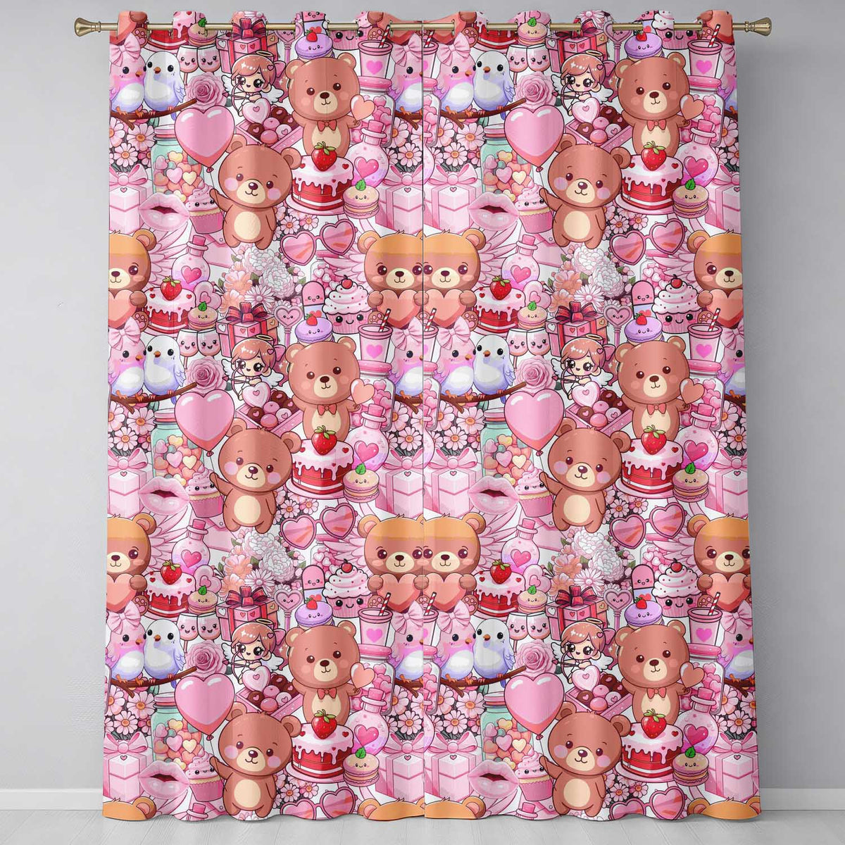 Cute Teddy Bear Cupid Cakes Hearts Flowers Valentine Kawaii   White Background  Readymade Eyelet Ring Top Thermal 100% Blackout Curtains