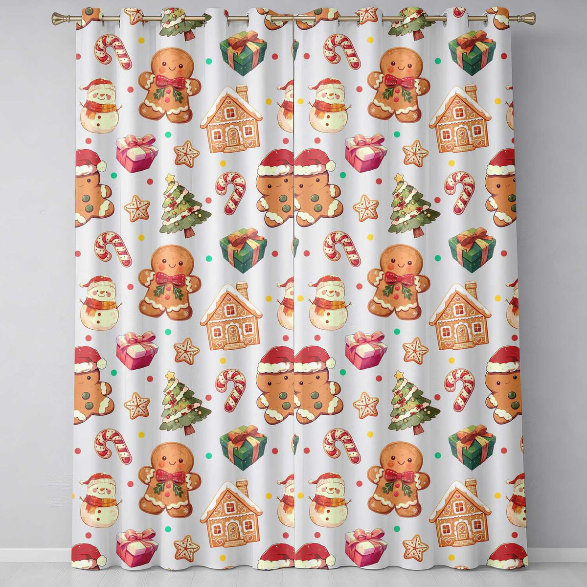 Cute Gingerbread Man Christmas Tree Candy Cane Holiday   Beige Background  Readymade Eyelet Ring Top Thermal 100% Blackout Curtains