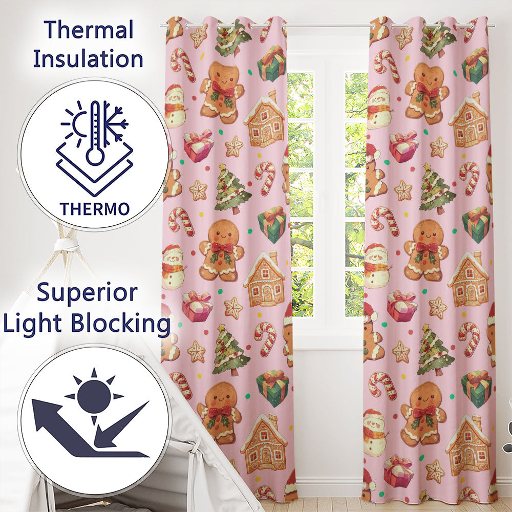 Cute Gingerbread Man Christmas Tree Candy Cane Holiday  Pattern Pink Background  Readymade Eyelet Ring Top Thermal 100% Blackout Curtains