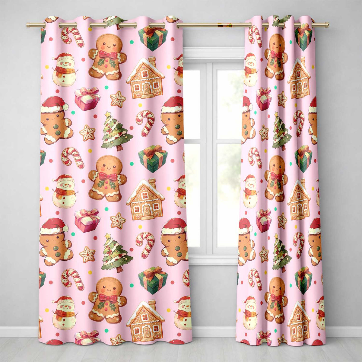 Cute Gingerbread Man Christmas Tree Candy Cane Holiday  Pattern Pink Background  Readymade Eyelet Ring Top Thermal 100% Blackout Curtains