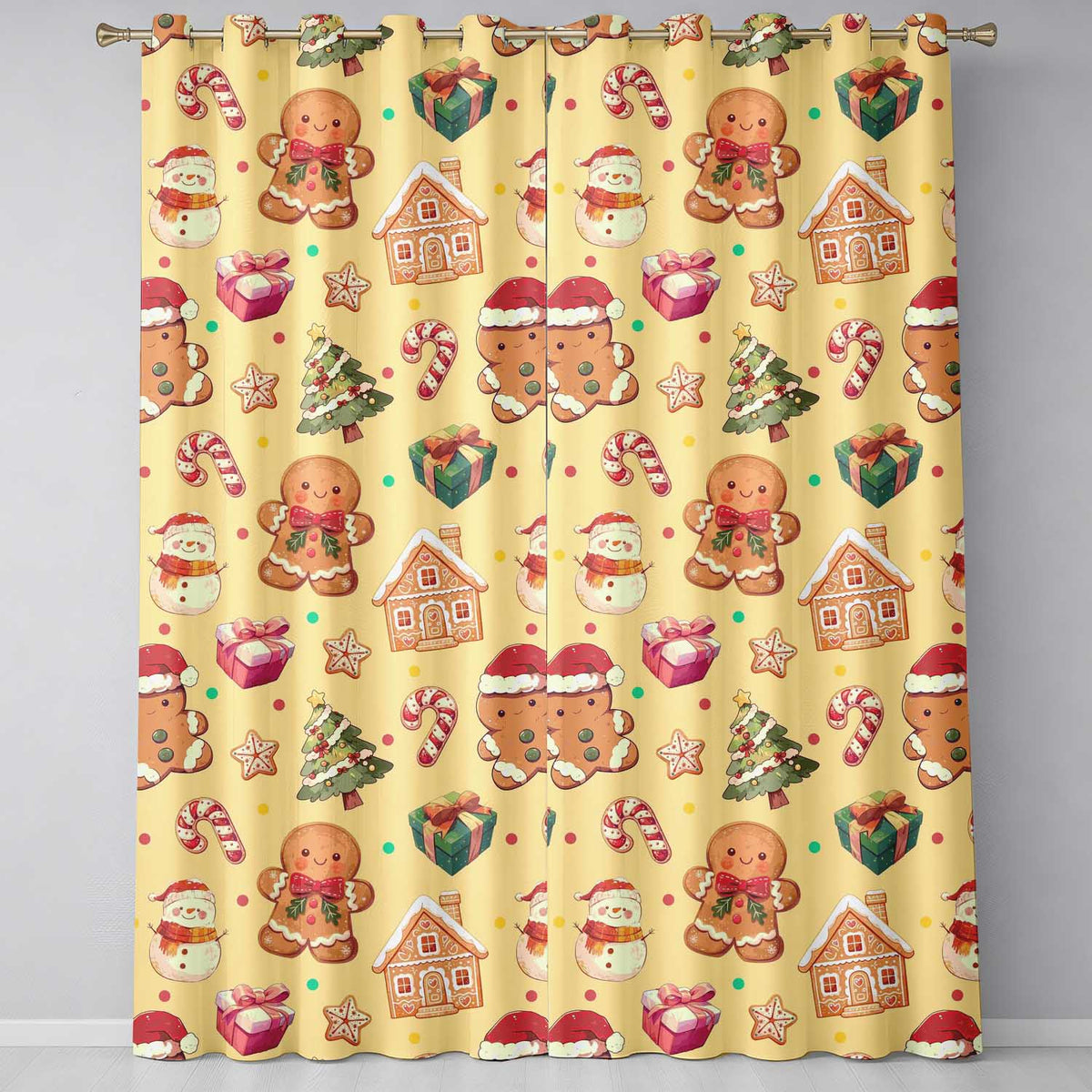 Cute Gingerbread Man Christmas Tree Candy Cane Holiday   Yellow Background  Readymade Eyelet Ring Top Thermal 100% Blackout Curtains