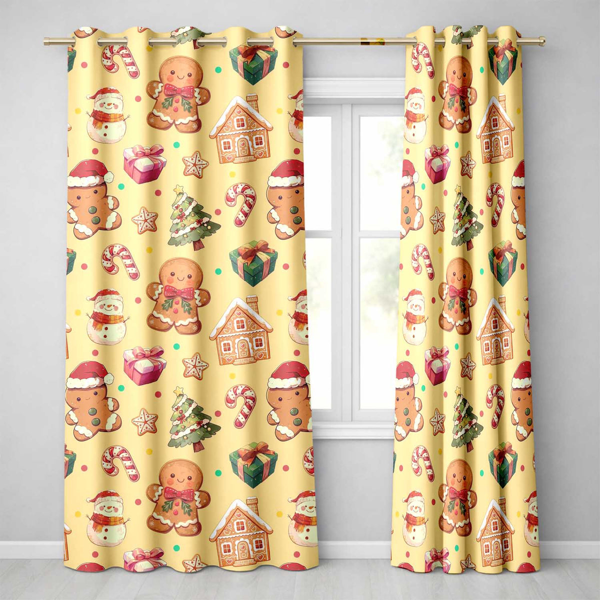 Cute Gingerbread Man Christmas Tree Candy Cane Holiday   Yellow Background  Readymade Eyelet Ring Top Thermal 100% Blackout Curtains