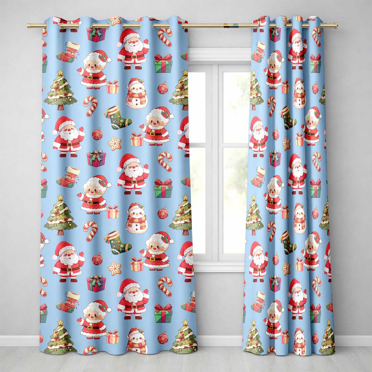 Cute Santa Claus Mrs Claus Snowman Christmas Gift  Pattern Blue Background  Readymade Eyelet Ring Top Thermal 100% Blackout Curtains
