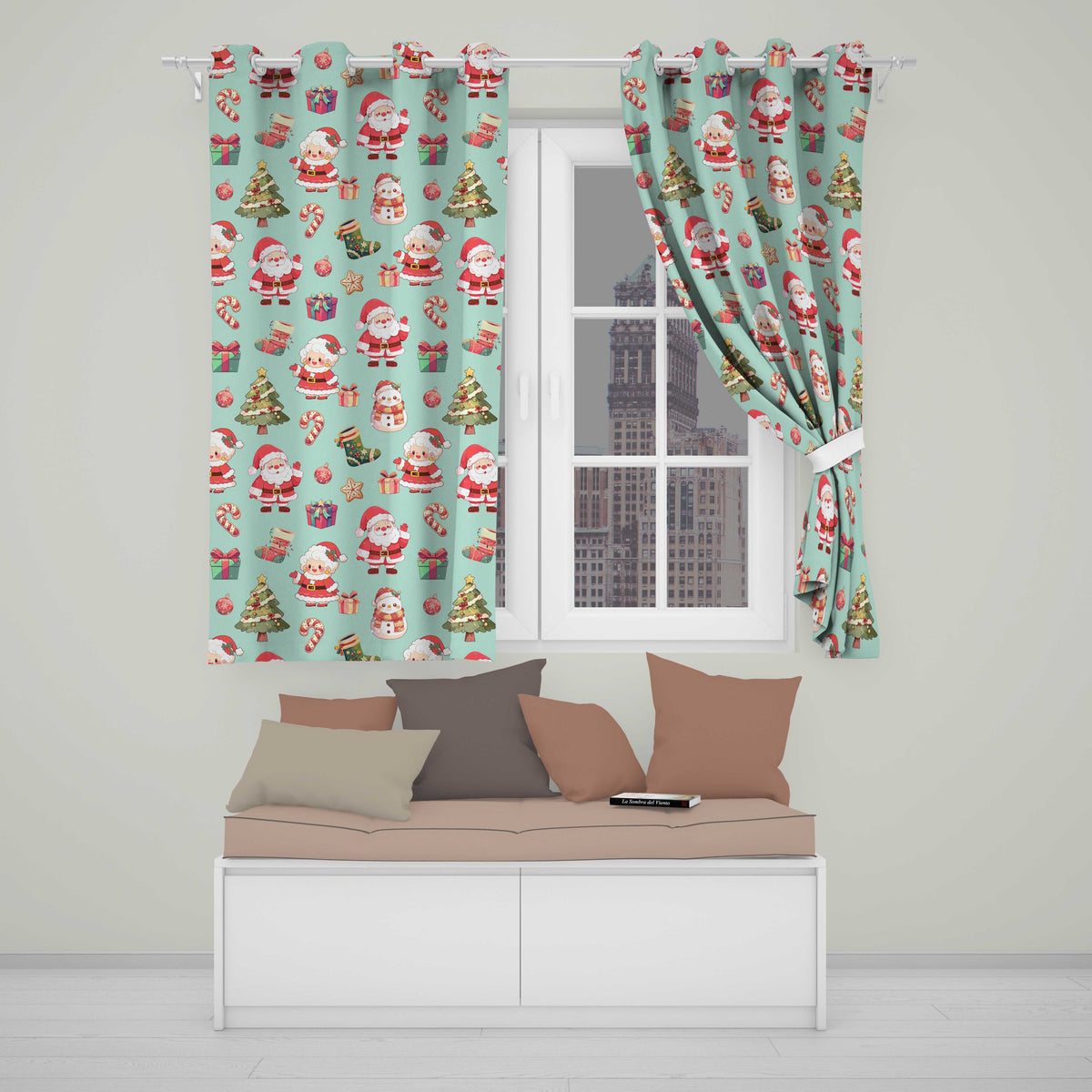 Cute Santa Claus Mrs Claus Snowman Christmas Gift  Pattern Teal Background  Readymade Eyelet Ring Top Thermal 100% Blackout Curtains