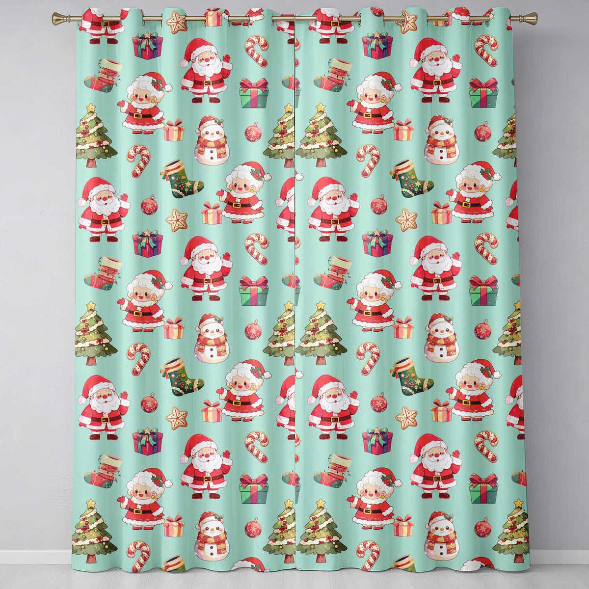 Cute Santa Claus Mrs Claus Snowman Christmas Gift  Pattern Teal Background  Readymade Eyelet Ring Top Thermal 100% Blackout Curtains