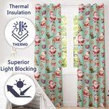 Cute Santa Claus Mrs Claus Snowman Christmas Gift  Pattern Teal Background  Readymade Eyelet Ring Top Thermal 100% Blackout Curtains