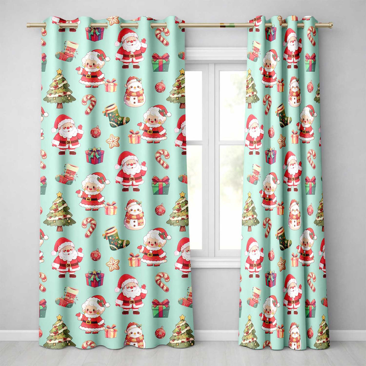 Cute Santa Claus Mrs Claus Snowman Christmas Gift  Pattern Teal Background  Readymade Eyelet Ring Top Thermal 100% Blackout Curtains