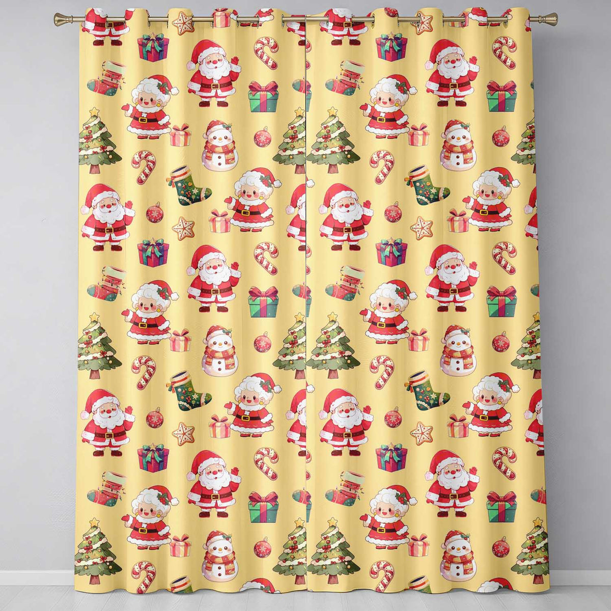 Cute Santa Claus Mrs Claus Snowman Christmas Gift Candy Cane  Yellow Background  Readymade Eyelet Ring Top Thermal 100% Blackout Curtains