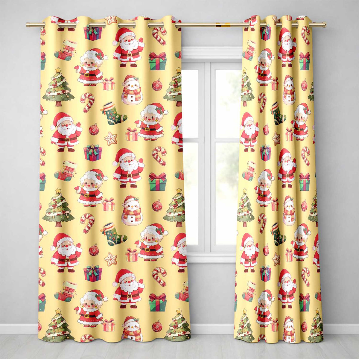 Cute Santa Claus Mrs Claus Snowman Christmas Gift Candy Cane  Yellow Background  Readymade Eyelet Ring Top Thermal 100% Blackout Curtains