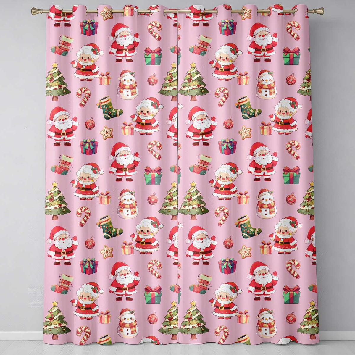 Cute Santa Claus Mrs Claus Snowman Christmas Gift Candy Cane   Pink Background  Readymade Eyelet Ring Top Thermal 100% Blackout Curtains