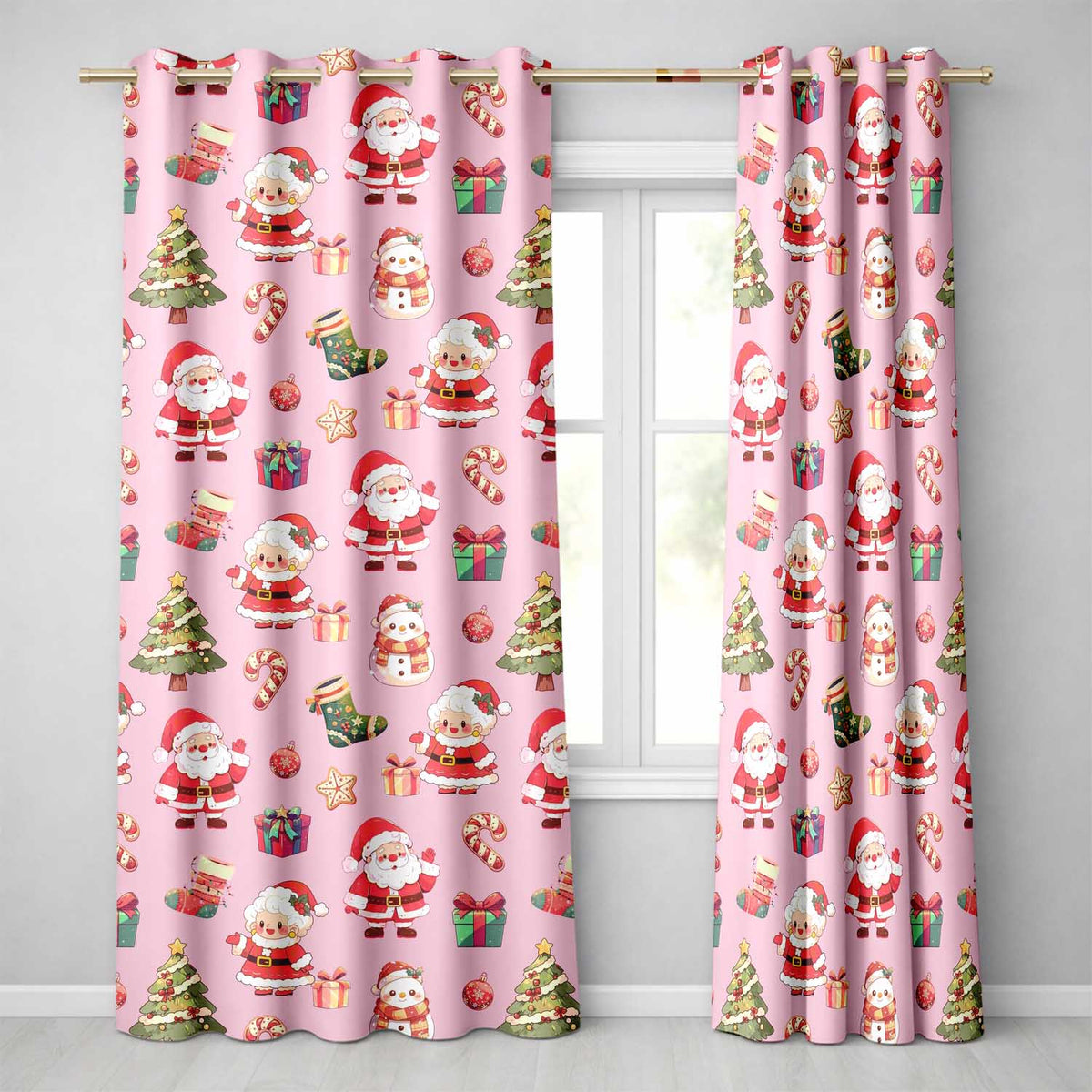 Cute Santa Claus Mrs Claus Snowman Christmas Gift Candy Cane   Pink Background  Readymade Eyelet Ring Top Thermal 100% Blackout Curtains