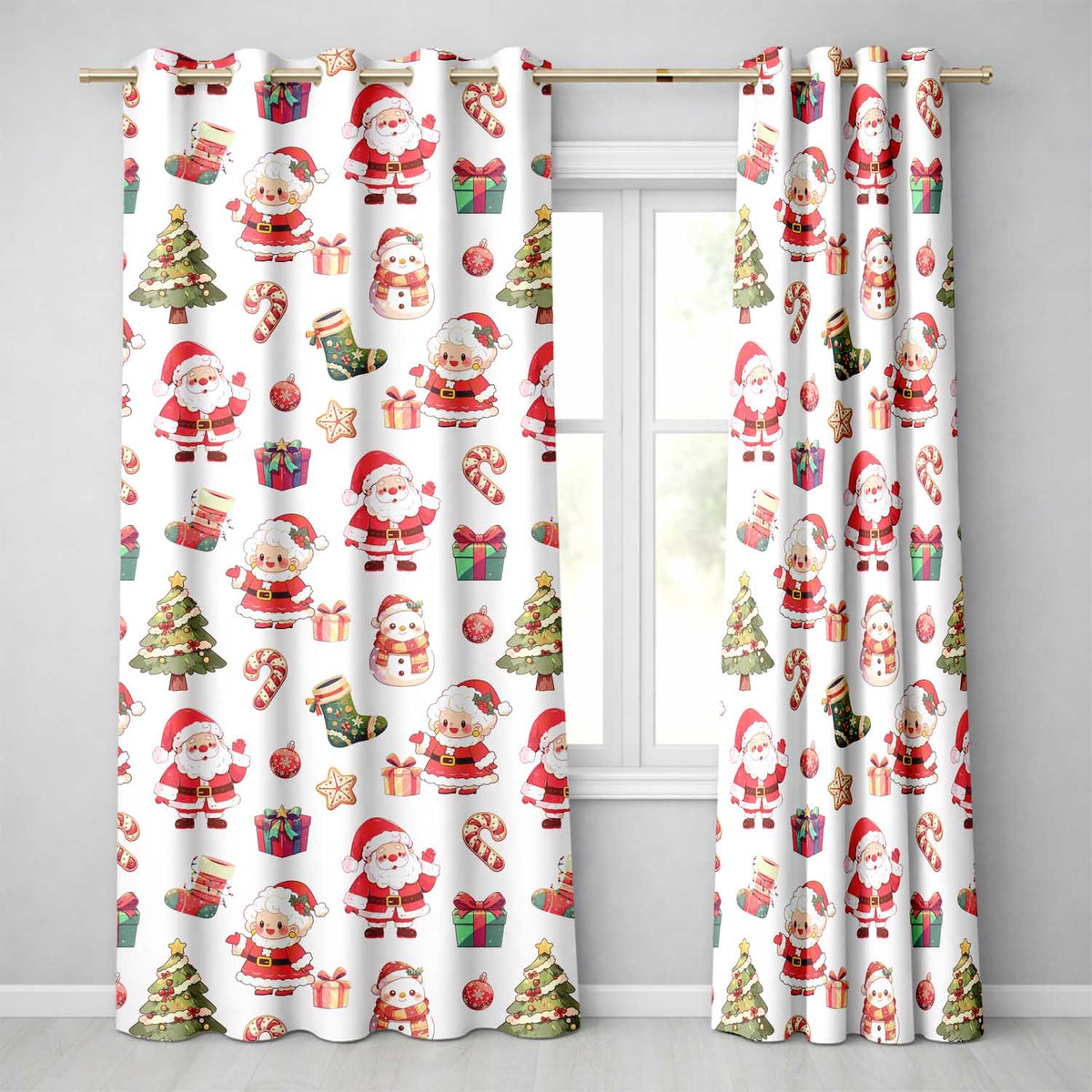 Cute Santa Claus Mrs Claus Snowman Christmas Gift Candy Cane   White Background  Readymade Eyelet Ring Top Thermal 100% Blackout Curtains