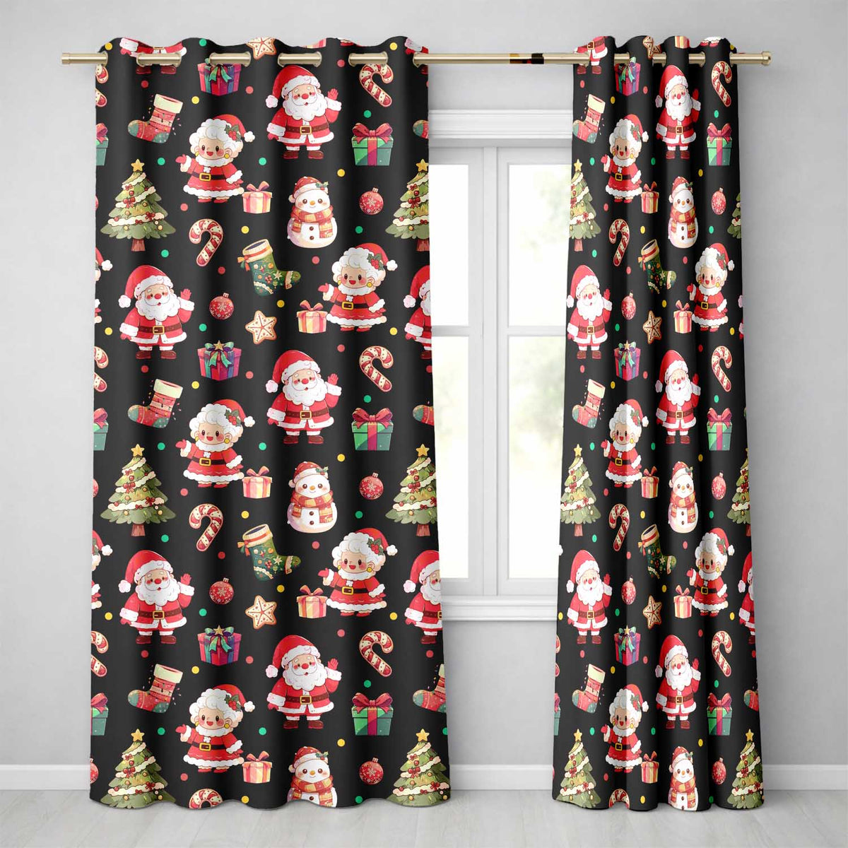 Cute Santa Claus Mrs Claus Snowman Christmas Gift Candy Cane   Black Background  Readymade Eyelet Ring Top Thermal 100% Blackout Curtains