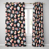 Cute Snowman Snow Globe Poinsettia Flower Christmas  Pattern Black Background  Readymade Eyelet Ring Top Thermal 100% Blackout Curtains