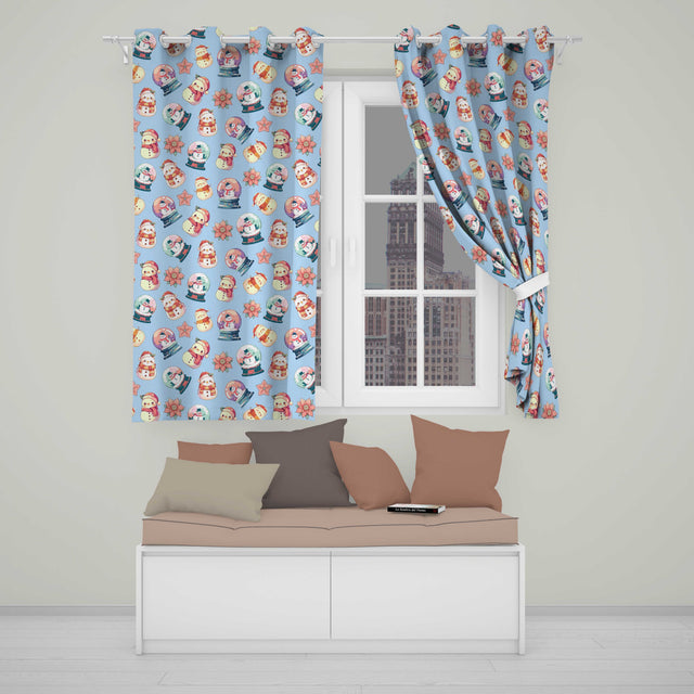 Cute Snowman Snow Globe Poinsettia Flower Christmas  Pattern Blue Background  Readymade Eyelet Ring Top Thermal 100% Blackout Curtains