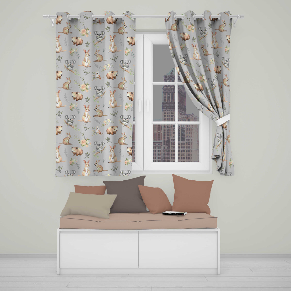 Cute Woodland Animals Koala Kangaroo Bear Floral  Pattern Grey Background  Readymade Eyelet Ring Top Thermal 100% Blackout Curtains