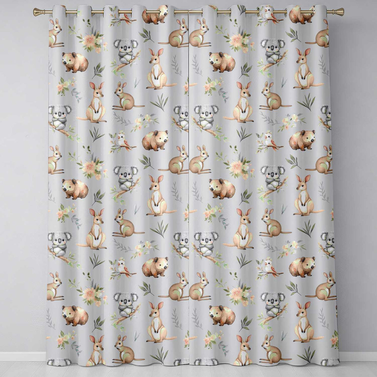 Cute Woodland Animals Koala Kangaroo Bear Floral  Pattern Grey Background  Readymade Eyelet Ring Top Thermal 100% Blackout Curtains