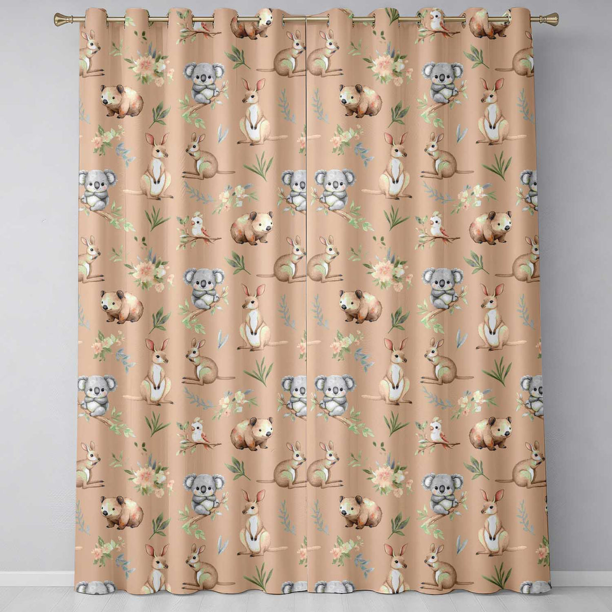 Cute Woodland Animals Koala Kangaroo Bear Floral  Pattern Taupe Background  Readymade Eyelet Ring Top Thermal 100% Blackout Curtains