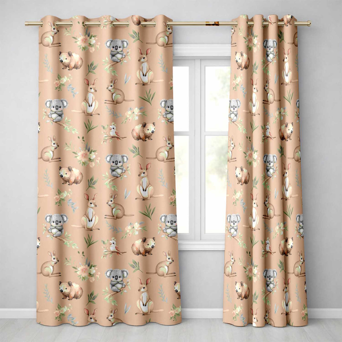Cute Woodland Animals Koala Kangaroo Bear Floral  Pattern Taupe Background  Readymade Eyelet Ring Top Thermal 100% Blackout Curtains