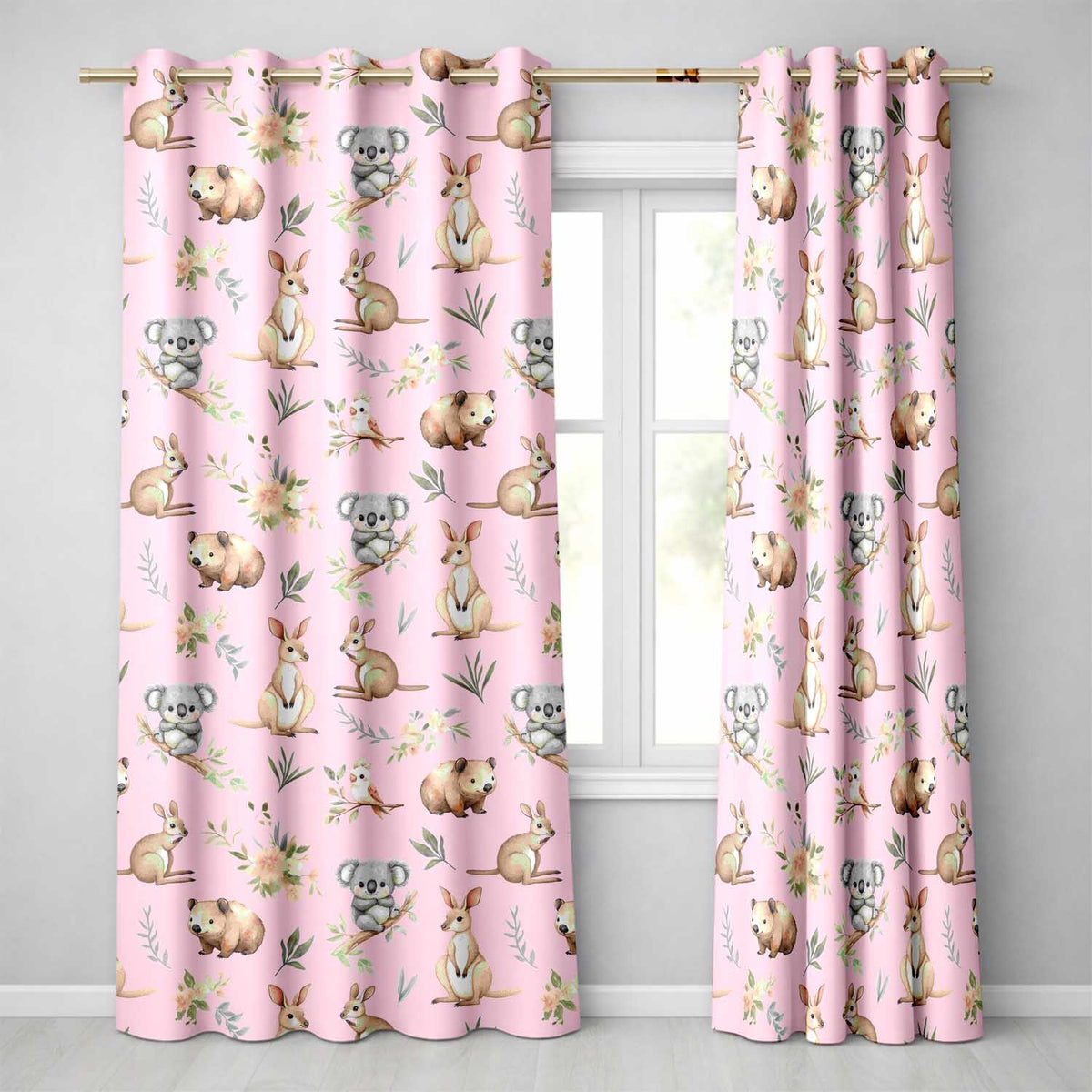 Cute Woodland Animals Koala Kangaroo Bear Floral  Pattern Blush Pink Background  Readymade Eyelet Ring Top Thermal 100% Blackout Curtains