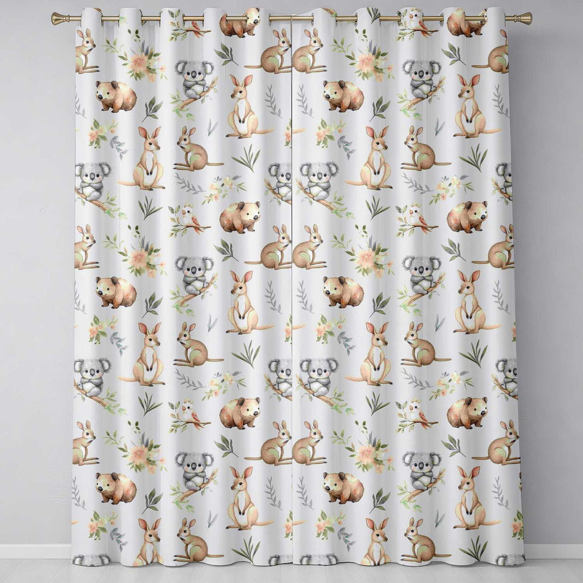 Cute Woodland Animals Koala Kangaroo Bear Floral  Pattern Mauve Background  Readymade Eyelet Ring Top Thermal 100% Blackout Curtains