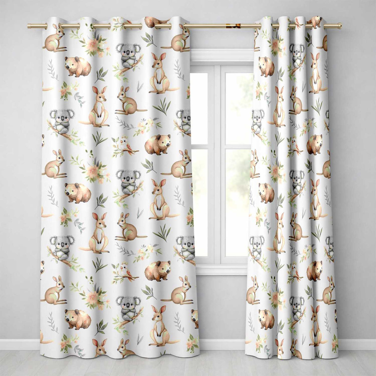 Cute Woodland Animals Koala Kangaroo Bear Floral  Pattern Mauve Background  Readymade Eyelet Ring Top Thermal 100% Blackout Curtains