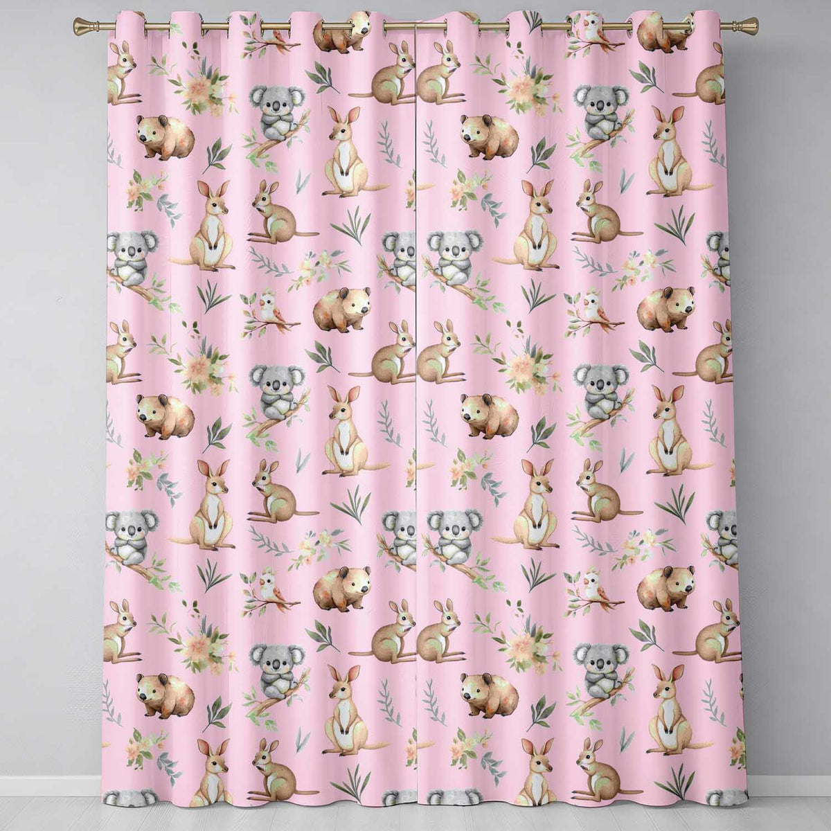 Cute Woodland Animals Koala Kangaroo Bear Floral  Pattern Pink Background  Readymade Eyelet Ring Top Thermal 100% Blackout Curtains