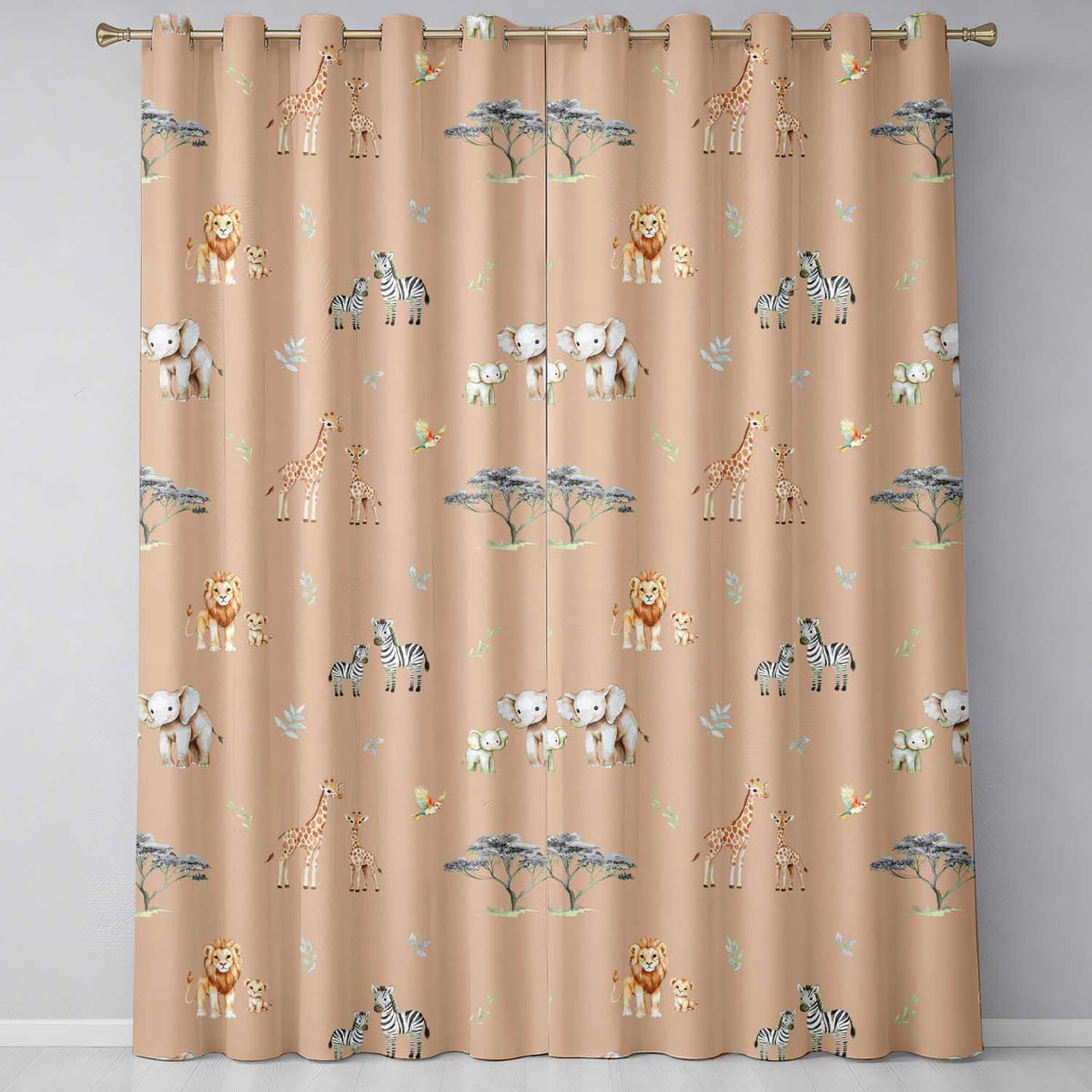 Cute Safari Animals Giraffe Lion Zebra Parrot Seamless Pattern Brown Background  Readymade Eyelet Ring Top Thermal 100% Blackout Curtains