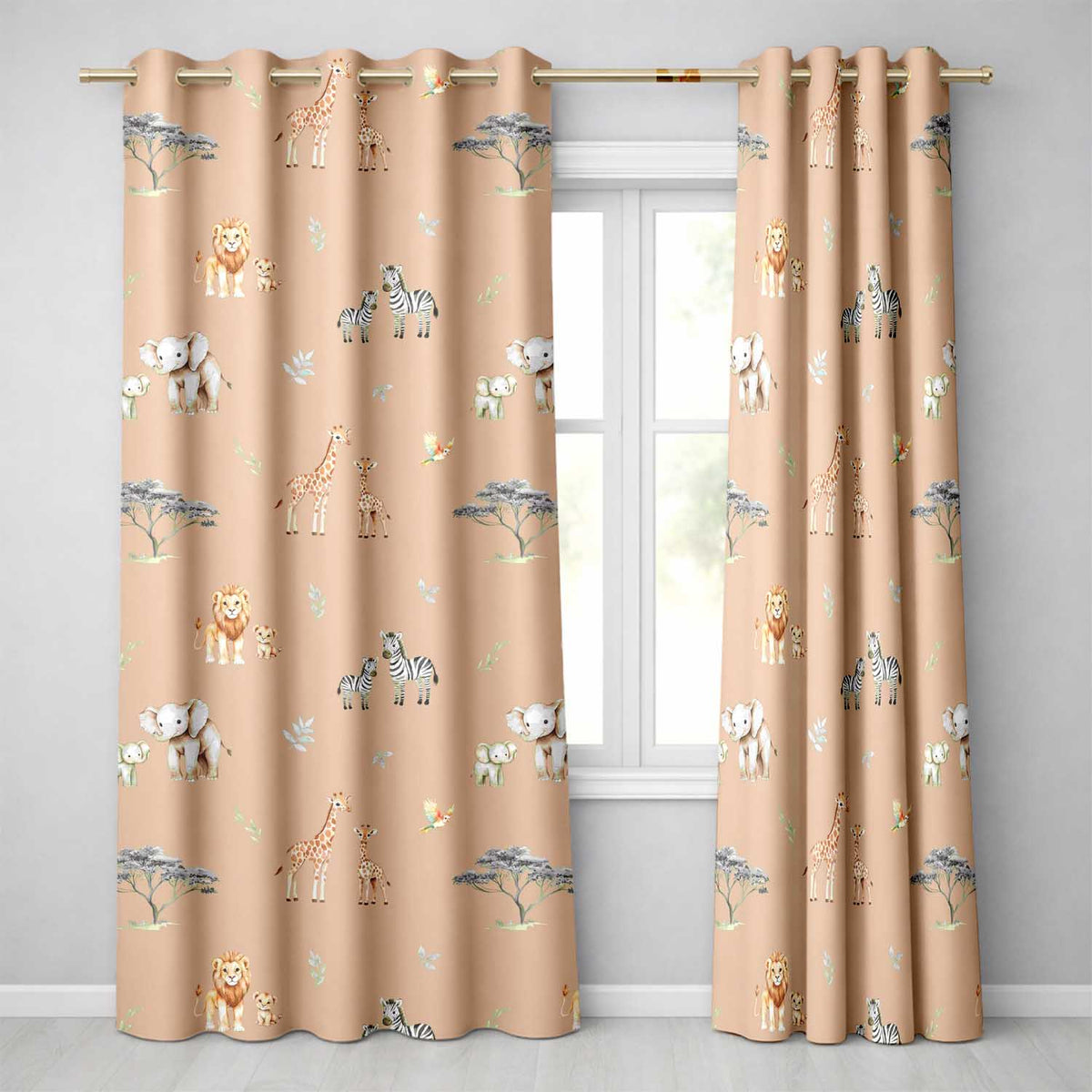 Cute Safari Animals Giraffe Lion Zebra Parrot Seamless Pattern Brown Background  Readymade Eyelet Ring Top Thermal 100% Blackout Curtains