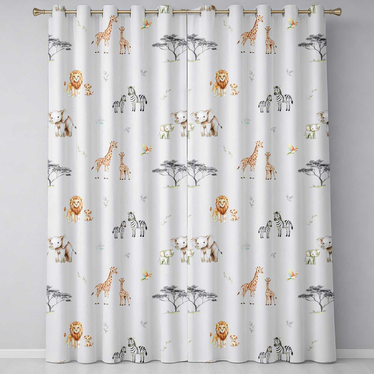 Cute Safari Animals Giraffe Lion Zebra Parrot Seamless Pattern Beige Background  Readymade Eyelet Ring Top Thermal 100% Blackout Curtains