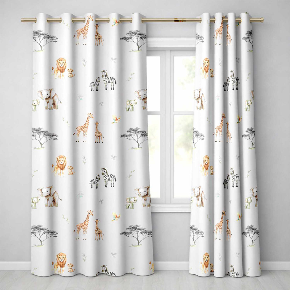 Cute Safari Animals Giraffe Lion Zebra Parrot Seamless Pattern Beige Background  Readymade Eyelet Ring Top Thermal 100% Blackout Curtains