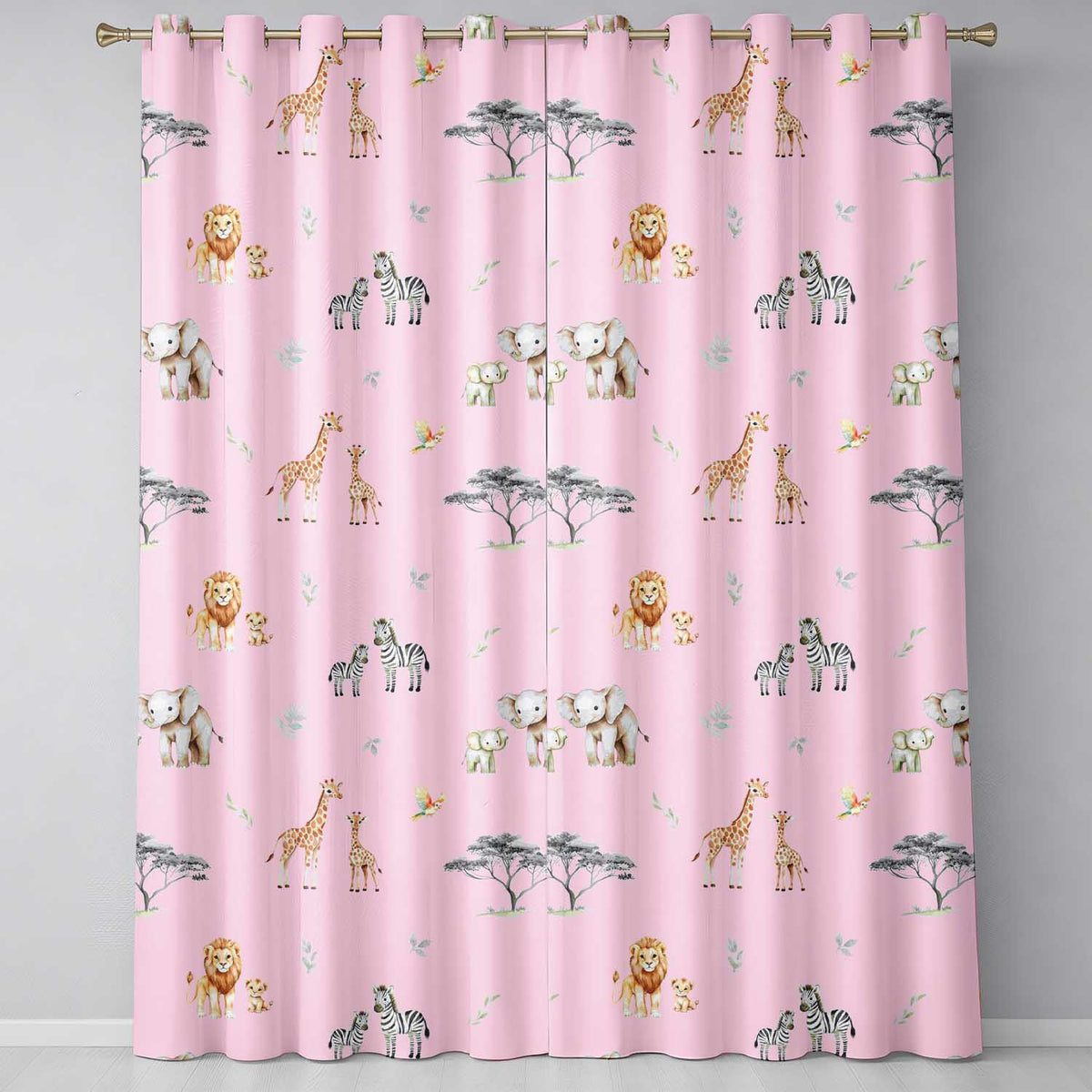 Cute Safari Animals Giraffe Lion Zebra Parrot Seamless Pattern Pink Background  Readymade Eyelet Ring Top Thermal 100% Blackout Curtains