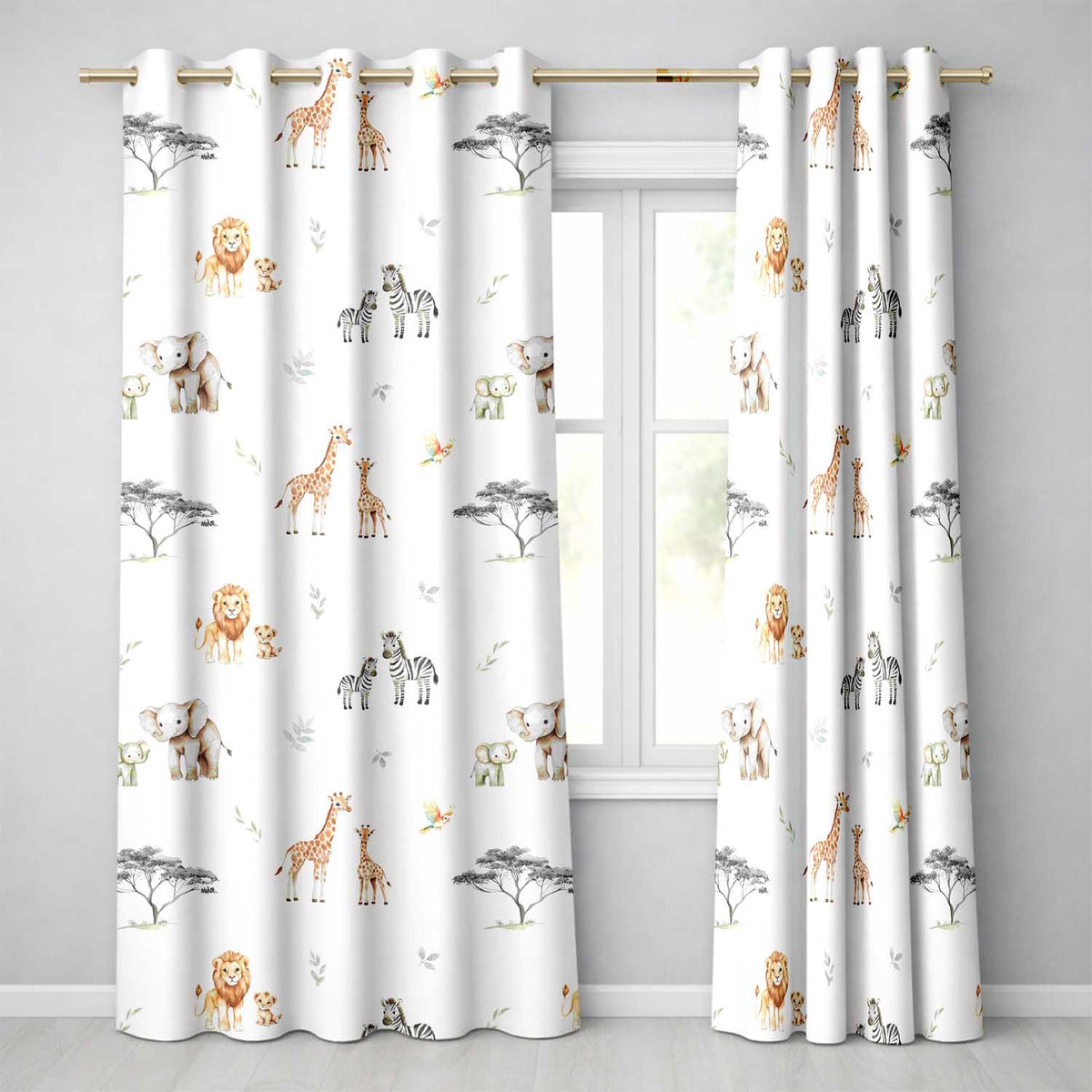 Cute Safari Animals Giraffe Lion Zebra Parrot  Pattern Grey Background  Readymade Eyelet Ring Top Thermal 100% Blackout Curtains