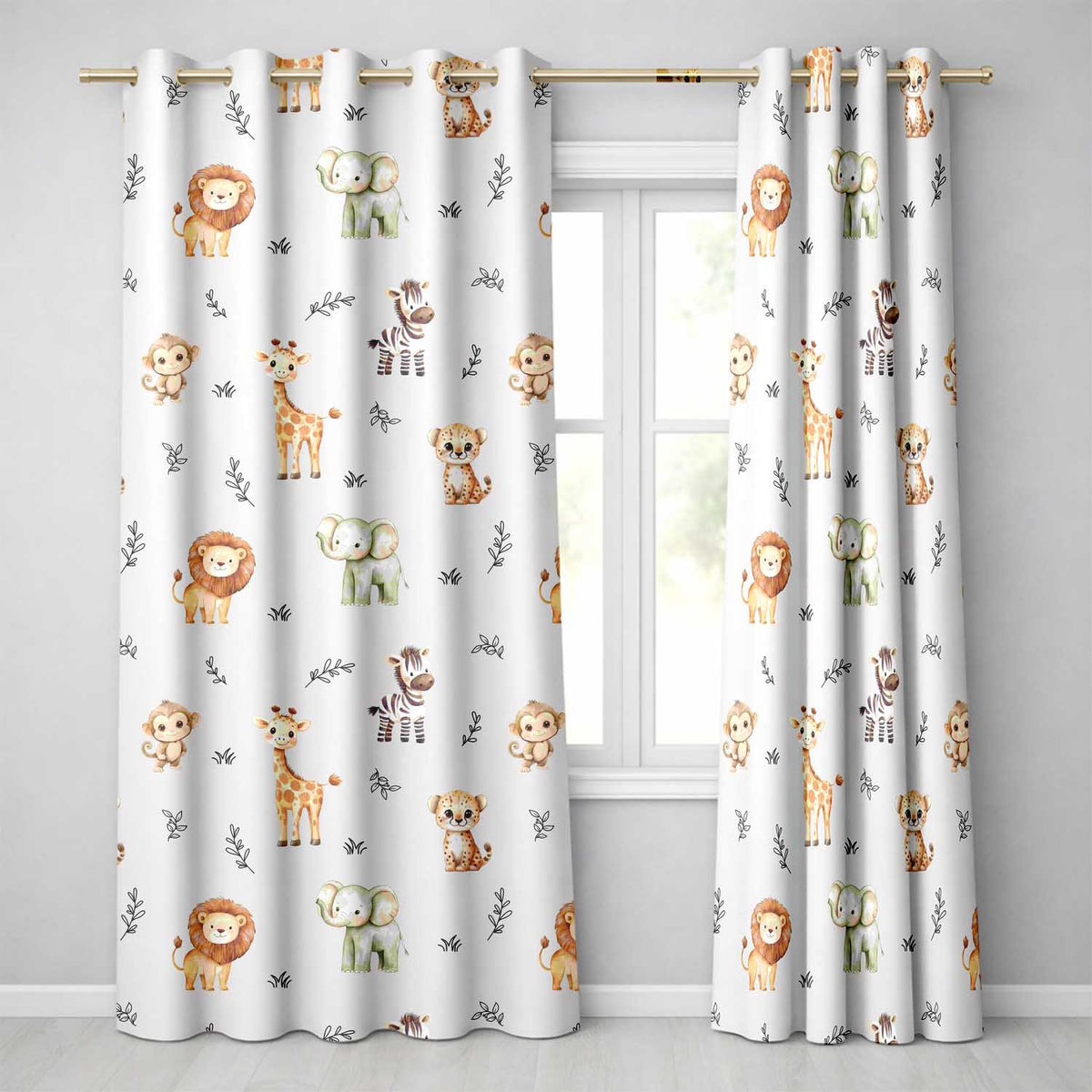 Cute Baby Safari Animals Elephant Giraffe Lion Zebra  Pattern Grey Background  Readymade Eyelet Ring Top Thermal 100% Blackout Curtains