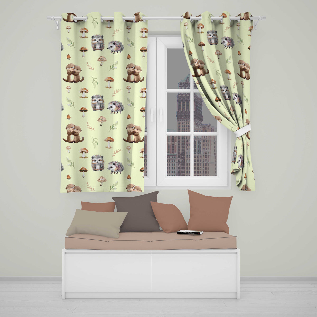 Cute Woodland Hedgehog Mushrooms Leaves Seamless Pattern Light Beige Background  Readymade Eyelet Ring Top Thermal 100% Blackout Curtains