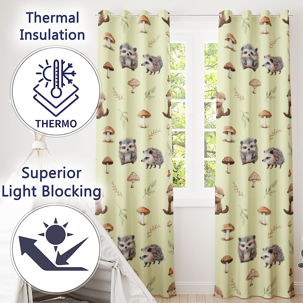 Cute Woodland Hedgehog Mushrooms Leaves Seamless Pattern Light Beige Background  Readymade Eyelet Ring Top Thermal 100% Blackout Curtains