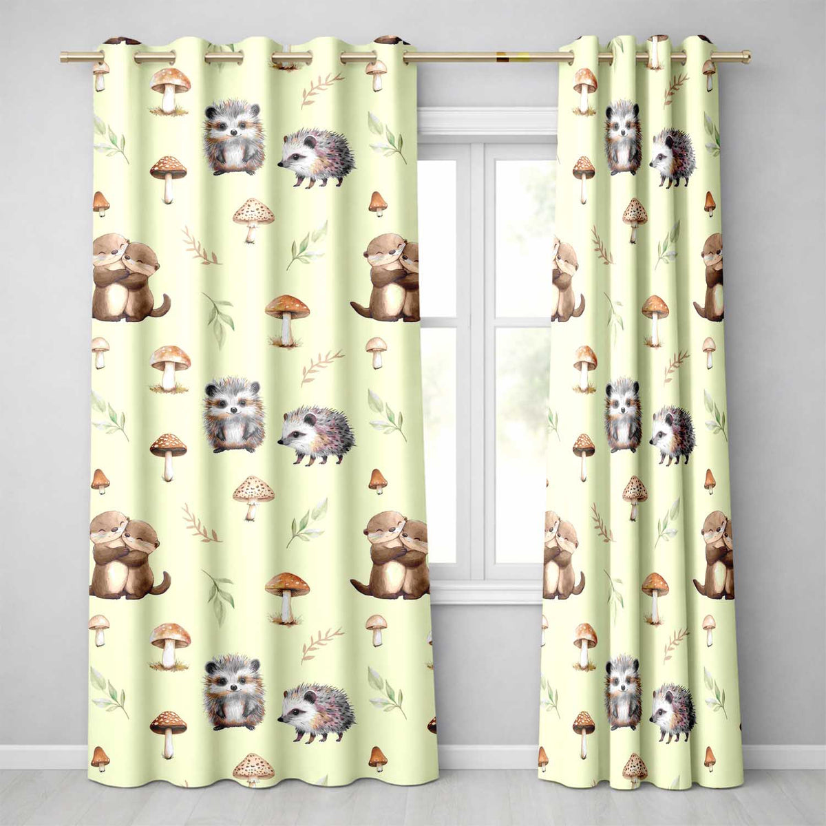 Cute Woodland Hedgehog Mushrooms Leaves Seamless Pattern Light Beige Background  Readymade Eyelet Ring Top Thermal 100% Blackout Curtains