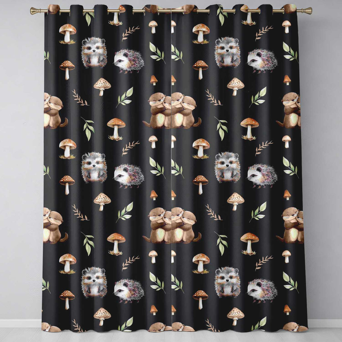Cute Woodland Hedgehog Mushrooms Leaves Seamless Pattern Dark Brown Background  Readymade Eyelet Ring Top Thermal 100% Blackout Curtains