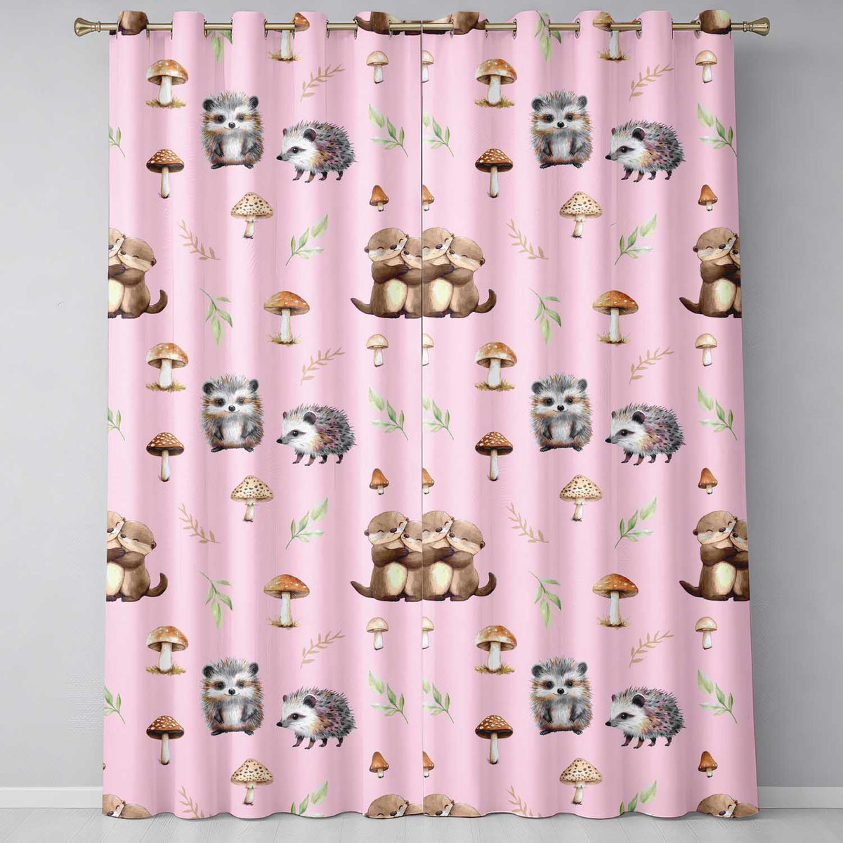 Cute Woodland Hedgehog Mushrooms Leaves Seamless Pattern Dusty Pink Background  Readymade Eyelet Ring Top Thermal 100% Blackout Curtains
