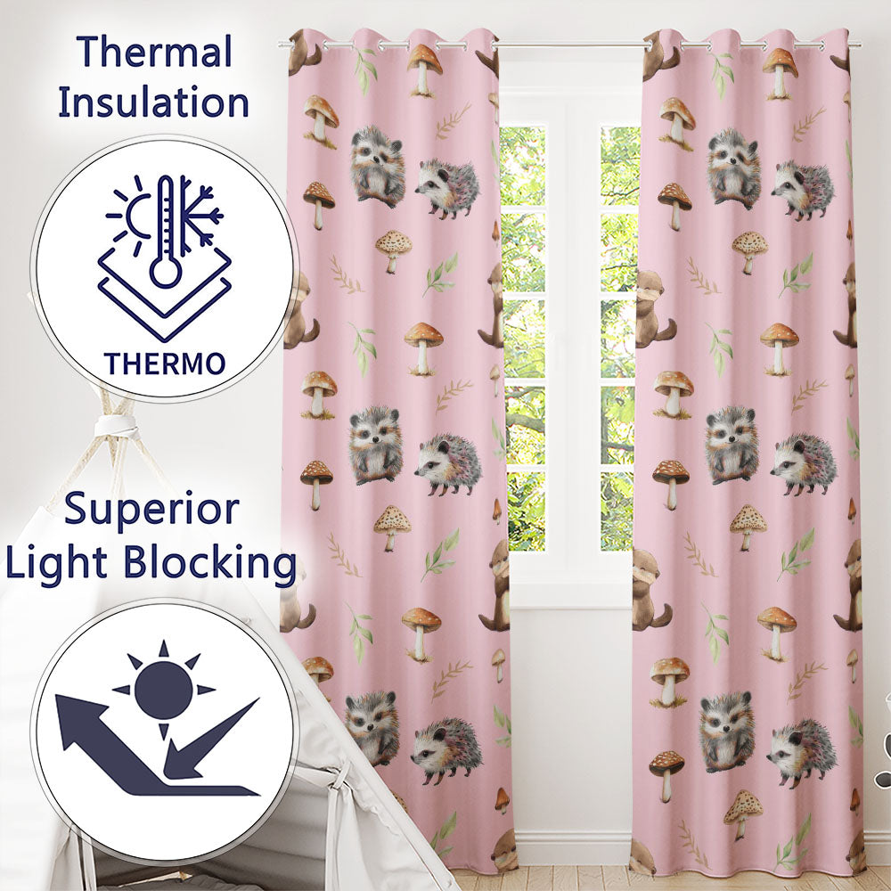 Cute Woodland Hedgehog Mushrooms Leaves Seamless Pattern Dusty Pink Background  Readymade Eyelet Ring Top Thermal 100% Blackout Curtains