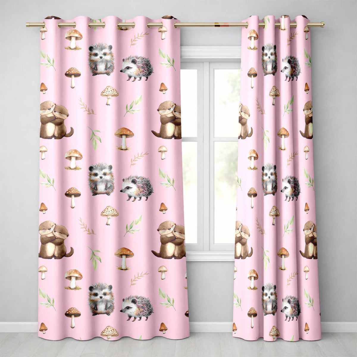 Cute Woodland Hedgehog Mushrooms Leaves Seamless Pattern Dusty Pink Background  Readymade Eyelet Ring Top Thermal 100% Blackout Curtains
