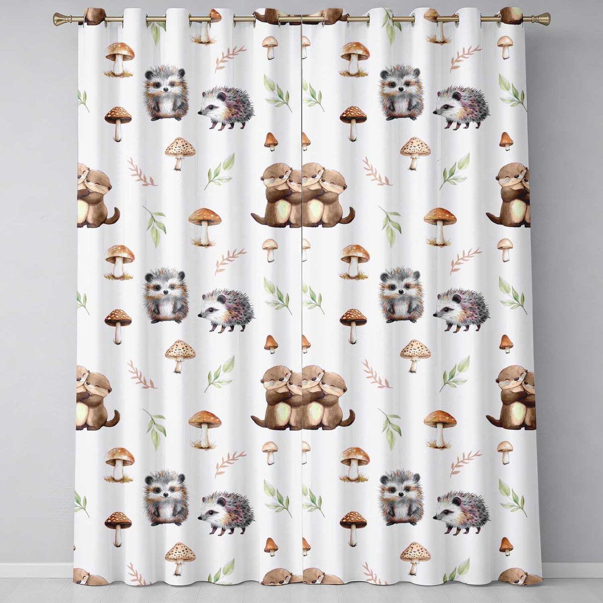 Cute Woodland Hedgehog Mushrooms Leaves Seamless Pattern Grey Background  Readymade Eyelet Ring Top Thermal 100% Blackout Curtains
