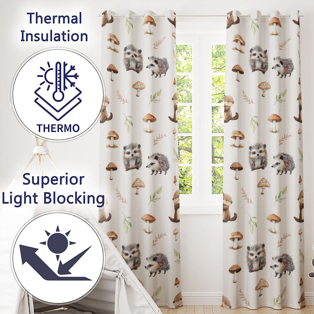 Cute Woodland Hedgehog Mushrooms Leaves Seamless Pattern Grey Background  Readymade Eyelet Ring Top Thermal 100% Blackout Curtains