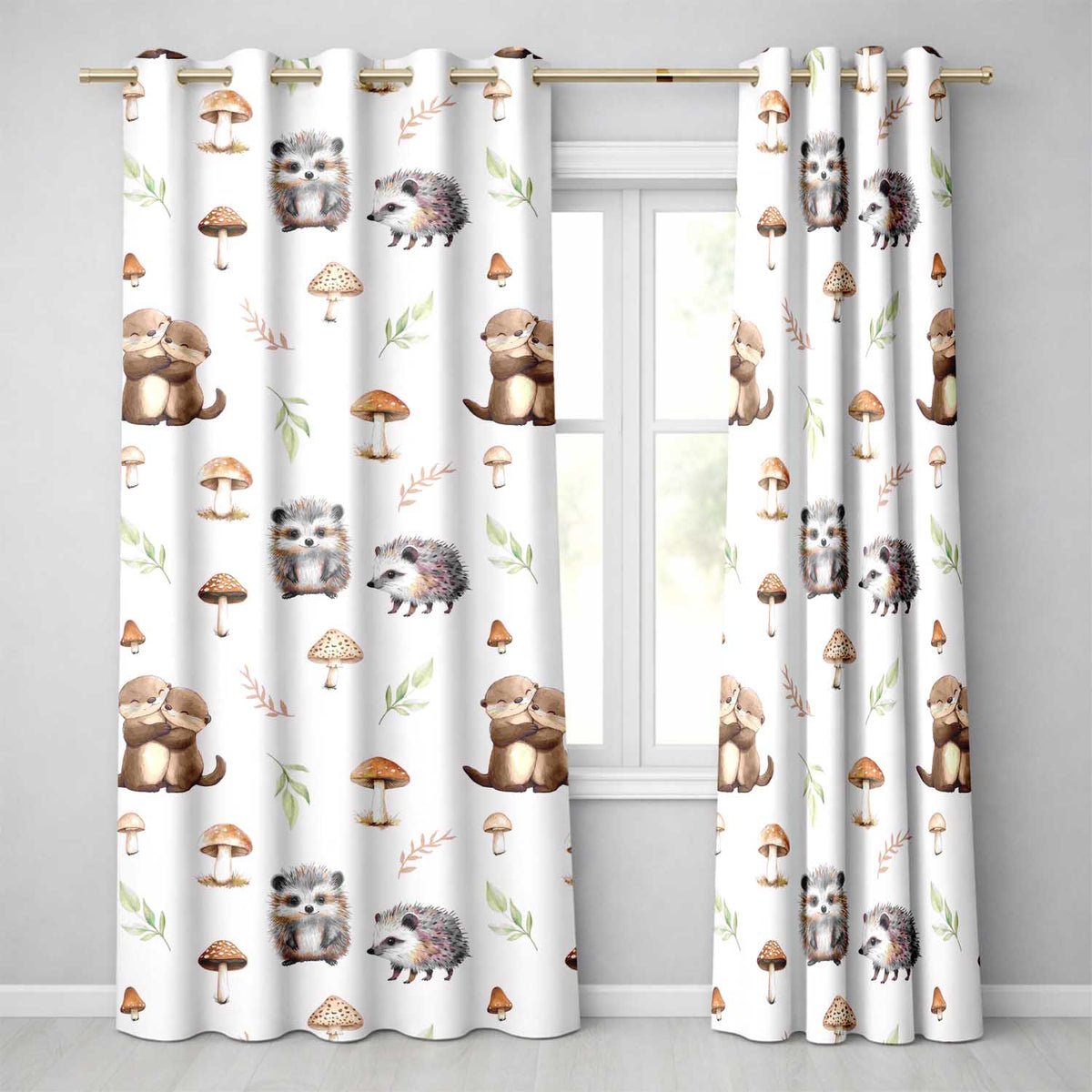 Cute Woodland Hedgehog Mushrooms Leaves Seamless Pattern Grey Background  Readymade Eyelet Ring Top Thermal 100% Blackout Curtains