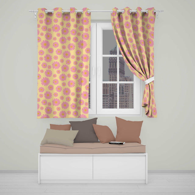 Pink Daisy Floral Pattern with Yellow Centers on Grey Background  Pattern  Readymade Eyelet Ring Top Thermal 100% Blackout Curtains