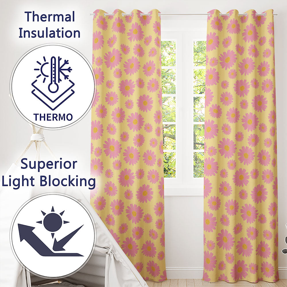 Pink Daisy Floral Pattern with Yellow Centers on Grey Background  Pattern  Readymade Eyelet Ring Top Thermal 100% Blackout Curtains